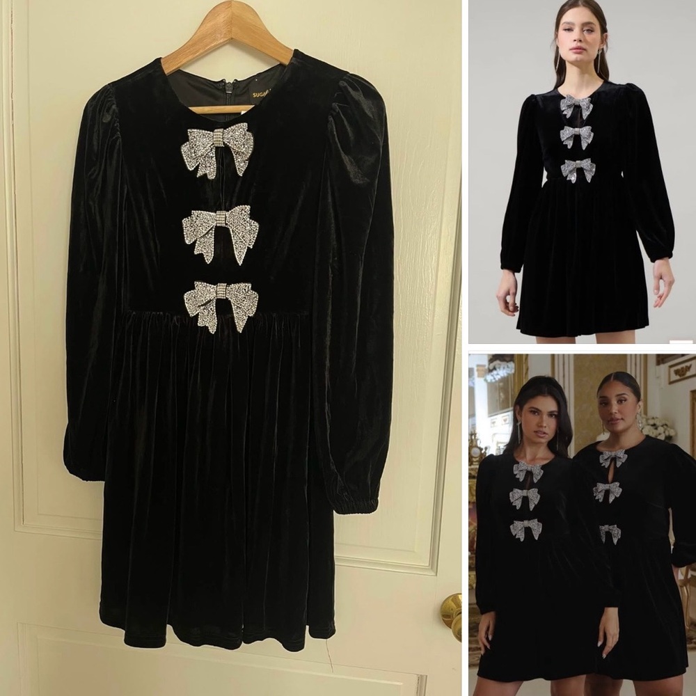 Sugarlips Elegant Black Velvet Dress with Silver Bow Accents